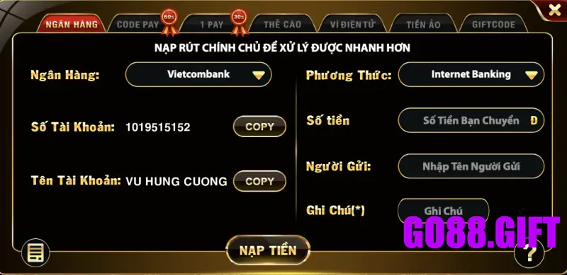 Nạp tiền Go88 thông qua tài khoản ngân hàng