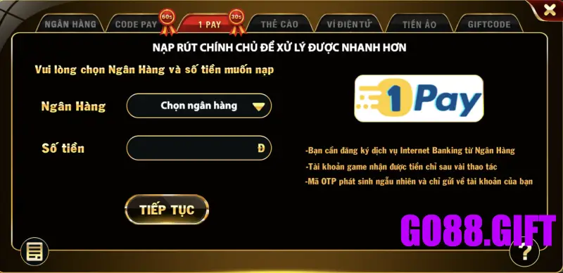 Nạp tiền Go88 nhanh gọn bằng One Pay